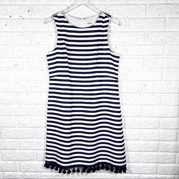 Eliza J Dresses & Skirts - ELIZA J Navy/White Striped Sleeveless Linen Blend Sheath Dress with tass…